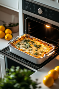 Inside the oven, a covered lasagna is baking, with foil slightly reflecting the warm glow from the oven light. The casserole dish is surrounded by fresh herbs and a few lemons on the countertop.