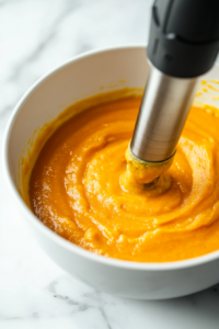 Close-up shot of a white bowl in a black skillet on the white marble cooktop, blending the simmered sweet potato soup with silken tofu and lemon juice. The creamy mixture swirls as it blends smoothly.