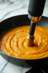 Close-up shot of a black skillet on the white marble cooktop, with the blended soup heating through on medium-low heat. Steam rises from the smooth soup as it simmers, ready to be served.