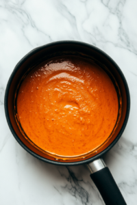 Smooth, creamy roasted red pepper and cashew sauce being poured from a blender, with its vibrant orange-red color standing out against the neutral background.