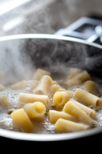 A pot of boiling water with rigatoni pasta cooking inside, steam rising from the surface. The pasta is almost al dente, ready to be drained.