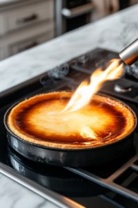 A close-up shot of a black cheesecake pan on the white marble cooktop, where a kitchen torch is being used to caramelize the sugar on top of the cheesecake. The flame gently moves in a circular motion over the sugar.