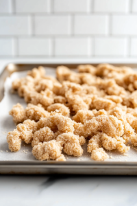 Close-up of soy curls being tossed in a seasoned breading mixture. A few fully coated soy curls sit on a parchment-lined tray nearby, ready for frying