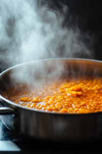 Close-up of a pot with red lentils boiling in water, steam rising gently from the surface. A spoon rests beside the pot, with a jar of marinara sauce partially visible in the background.