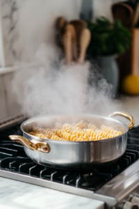 Action shot of pasta boiling in a pot, steam rising, with a hand holding a ladle to scoop out reserved pasta water. The kitchen setting is warm and inviting.