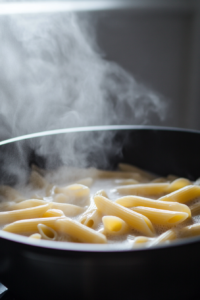 A pot of penne or rotini pasta boiling in water with steam rising. The pasta is perfectly cooked, ready to be drained and rinsed under cold water.