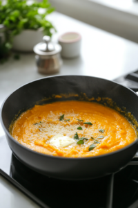 A saucepan with the creamy sweet potato sauce simmering on the stove, butter and Parmesan melting into the puree, creating a velvety, rich texture.