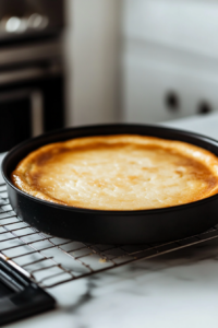 A close-up shot of a black cheesecake pan on the white marble cooktop, cooling on a wire rack. The cheesecake has just finished baking and is set to rest for one hour before chilling in the fridge for at least 6 hours.