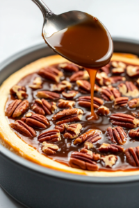 Warm pecan topping cooling to room temperature in a bowl, ready to be poured over the cheesecake before serving.
