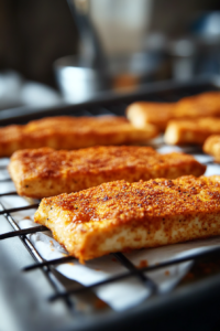 Wide shot of golden tofu tenders cooling on a wire rack, with a paper towel underneath to catch excess oil. A sprinkle of Cajun seasoning is dusted over the top for extra color.