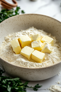 Cold salted butter cubes being cut into the dry ingredients in a large mixing bowl on a white marble cooktop using a pastry cutter