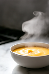 Close-up shot of a bowl on the white marble cooktop, with the blended soup heating through on medium-low heat. Steam rises from the smooth soup as it simmers, ready to be served.