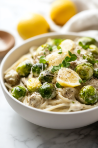 A beautifully plated bowl of creamy Brussels sprouts and garlic spaghetti, garnished with vegan Parmesan and a drizzle of lemon juice.
