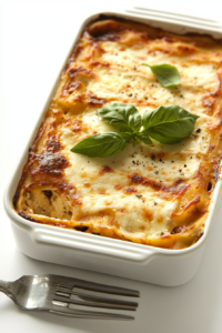 Overhead view of a beautifully baked vegan lasagna in a 9x13-inch casserole dish, with melted mozzarella on top and fresh basil leaves for garnish. A fork rests beside the dish, ready for serving.