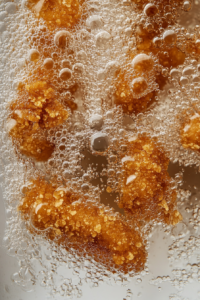 Dynamic view of soy curls frying in hot oil inside a deep fryer. Golden bubbles surround the crispy pieces, and a slotted spoon lifts one piece out of the oil.