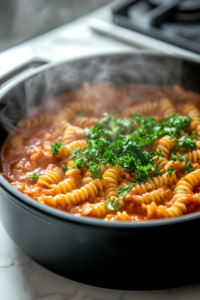 A hand sprinkling fresh chopped parsley over a steaming bowl of creamy tomato pasta. The green pops against the deep red sauce, enhancing the dish’s visual appeal