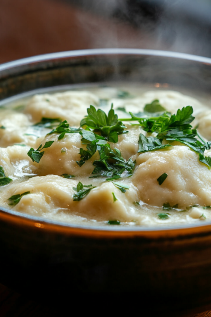 A steaming bowl of chicken soup with dumplings, garnished with fresh parsley, served hot and ready to enjoy.