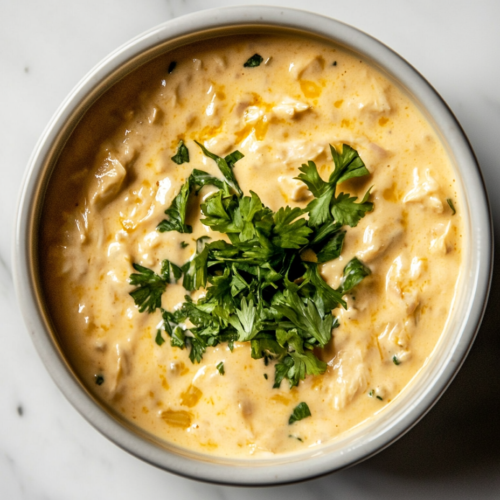 A close-up shot of the white bowl on the white marble cooktop, with the creamy chicken mixture now fully melted and smooth, ready to serve. The dish looks creamy, rich, and cheesy.
