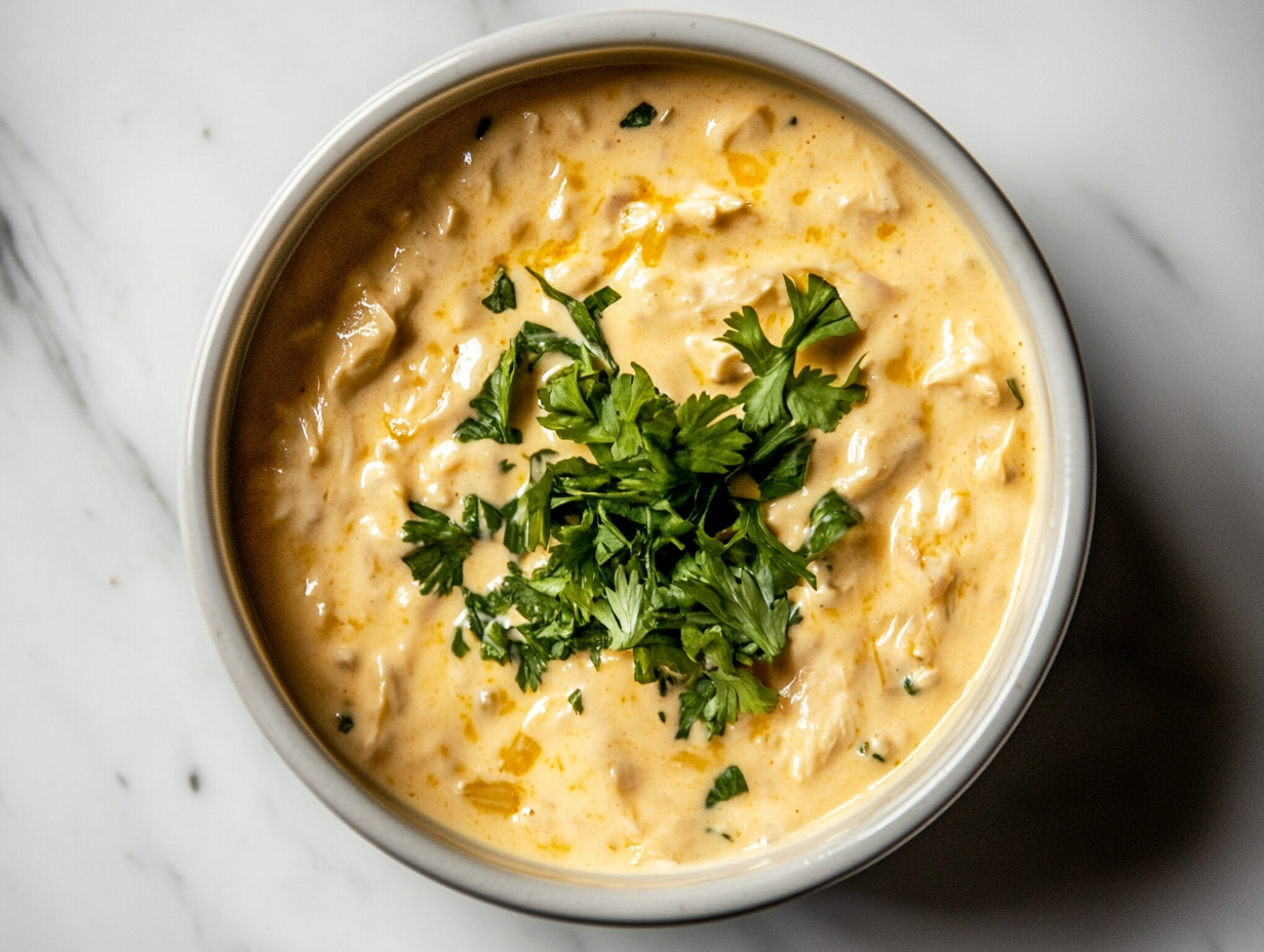 A close-up shot of the white bowl on the white marble cooktop, with the creamy chicken mixture now fully melted and smooth, ready to serve. The dish looks creamy, rich, and cheesy.