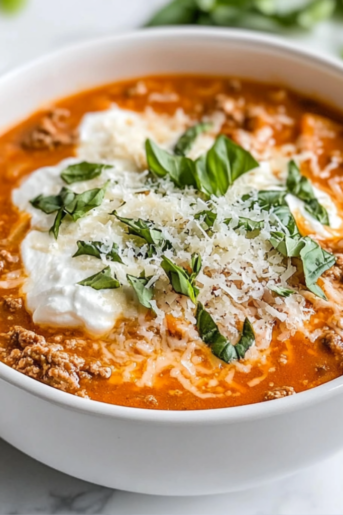 A bowl of the hot, creamy sauce served with a garnish of ricotta cheese, shredded Parmesan, and a sprinkle of freshly chopped basil, ready to enjoy