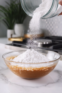 A mixing bowl with whipped cream being beaten to soft peaks, with a small bowl of dissolved gelatin nearby for stability.