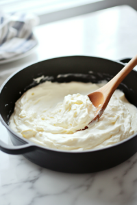 A wooden spoon stirring a velvety, creamy sauce made with vegan butter, flour, vegetable broth, and non-dairy milk. The sauce is thickening to a smooth consistency.