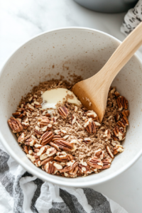 A mixing bowl filled with crushed graham crackers, chopped pecans, and melted butter being combined to form the cheesecake crust.