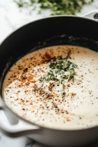 Close-up of a pot with coconut milk, water, and Italian seasoning being stirred together. The creamy mixture is starting to come together with a rich texture and warm colors.