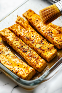 Close-up of tofu strips coated in a golden marinade in a glass dish, with a brush sitting nearby. The marinade glistens under the light, showing the rich texture of the nutritional yeast and spices.
