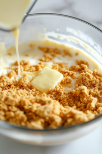 A close-up shot of a glass mixing bowl on the white marble cooktop, where melted unsalted butter is being poured into the graham cracker crumbs and brown sugar mixture. The ingredients are being mixed together, creating a crumbly texture.