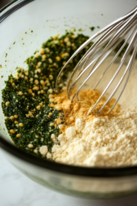 Action shot of hands whisking the coating mixture in a large mixing bowl, combining flour, cornmeal, and seasonings. Scattered spices on the countertop add a detailed and vibrant touch.