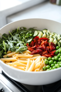 A large mixing bowl filled with vibrant pasta, vegan pesto, fresh baby arugula, peas, sundried tomatoes, and chopped cucumber, all tossed together in a colorful and fresh dish.