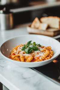 A beautifully plated creamy tomato pasta dish, served in a rustic white bowl. The cheese glistens, and the pasta spirals are coated in a rich, thick sauce. A side of garlic bread and a glass of wine sit nearby.