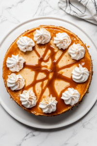 A creamy cheesecake on a plate, drizzled with salted butterscotch sauce and topped with whipped cream. A fork is beside the plate, ready to dig in.