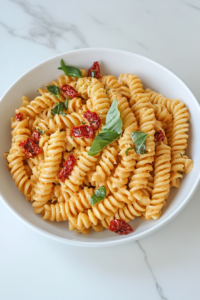 A beautifully plated pasta dish with roasted tomato hummus sauce, sun-dried tomatoes, and fresh basil. The pasta is twirled elegantly, and the lemon zest adds a pop of color