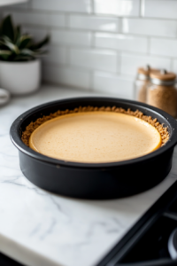 A close-up shot of a black cheesecake pan on the white marble cooktop, where the creamy cheesecake batter is being poured over the cooled graham cracker crust, filling the pan evenly.