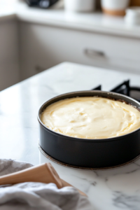 Smooth cheesecake batter being poured over the prepared graham cracker crust in a springform pan.