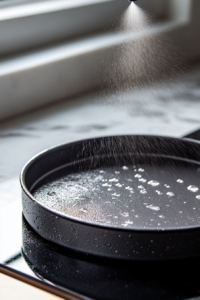A 9-inch springform pan being sprayed with nonstick spray, with an oven preheating to 350°F in the background.