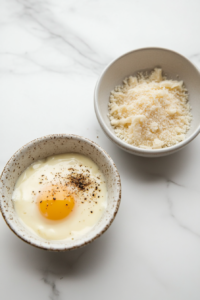Close-up shot of two bowls on a white marble cooktop. One bowl contains a beaten mixture of egg and heavy cream, while the other has crushed pork rinds, grated Parmesan, and seasonings. A fork rests beside the bowls