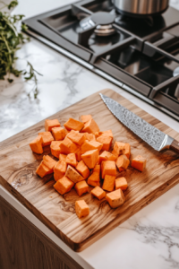 Close-up shot of raw sweet potatoes being peeled and cubed with a sharp knife on a wooden cutting board, beside a bowl of boiling water for cooking. Uncooked sweet potatoes and a bowl of mashed yams sit on the white marble cooktop