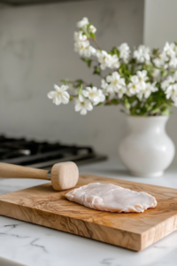 Close-up shot of a skinless, boneless chicken breast being sliced horizontally on a wooden cutting board over a white marble cooktop. A meat mallet is shown flattening the chicken to an even 1/2-inch thickness