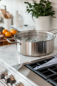 A large roasting pan with boiling water on the oven rack, prepared for a cheesecake water bath. Steam rises as the water heats.