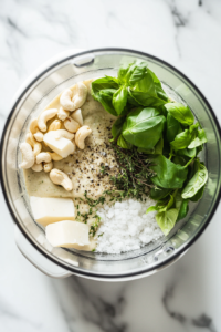 A high-speed blender filled with raw cashews, garlic, fresh basil, thyme, salt, and pepper, ready to be blended into a creamy sauce.