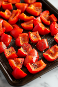 A baking sheet with quartered red bell peppers tossed in olive oil, roasting at 400°F until slightly charred and tender. The vibrant red peppers contrast against the dark baking sheet.