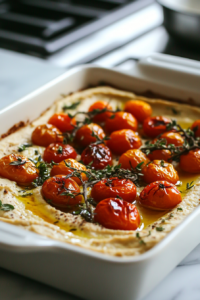 Overhead shot of a large baking dish with cherry tomatoes, garlic cloves, and a dollop of hummus in the center. The tomatoes are beginning to blister, and dried herbs are sprinkled on top.