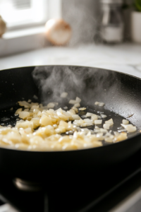 Close-up shot of a black skillet on the white marble cooktop, melting butter with chopped onion and minced garlic. The onions are browning and softening, with steam rising from the pan. Salt and pepper are visible on the countertop.