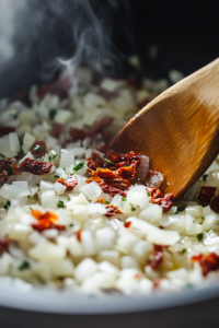 Close-up shot of a pot with sizzling onions, garlic, and sun-dried tomatoes in olive oil. A wooden spoon is stirring, and steam rises, filling the air with an aromatic blend.
