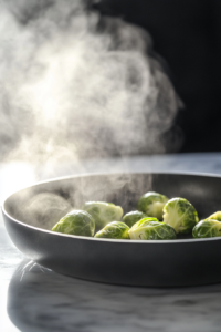 Brussels sprouts in a pan with a fresh squeeze of lemon juice being added. Steam rises, highlighting the tender, caramelized sprouts.