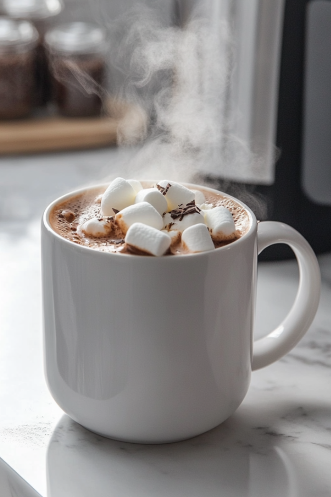 Close-up shot of a mug filled with hot chocolate on the white marble cooktop, freshly poured from the slow cooker. Steam rises from the surface, with optional whipped cream, marshmallows, and chocolate shavings garnishing the top.
