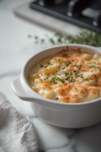 Close-up shot of creamy mac and cheese served in a white bowl.